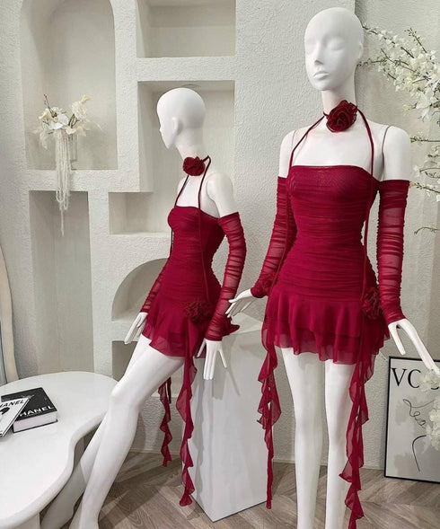 Mesh Off Shoulder Long Sleeves Rose Neck Tie Dresses